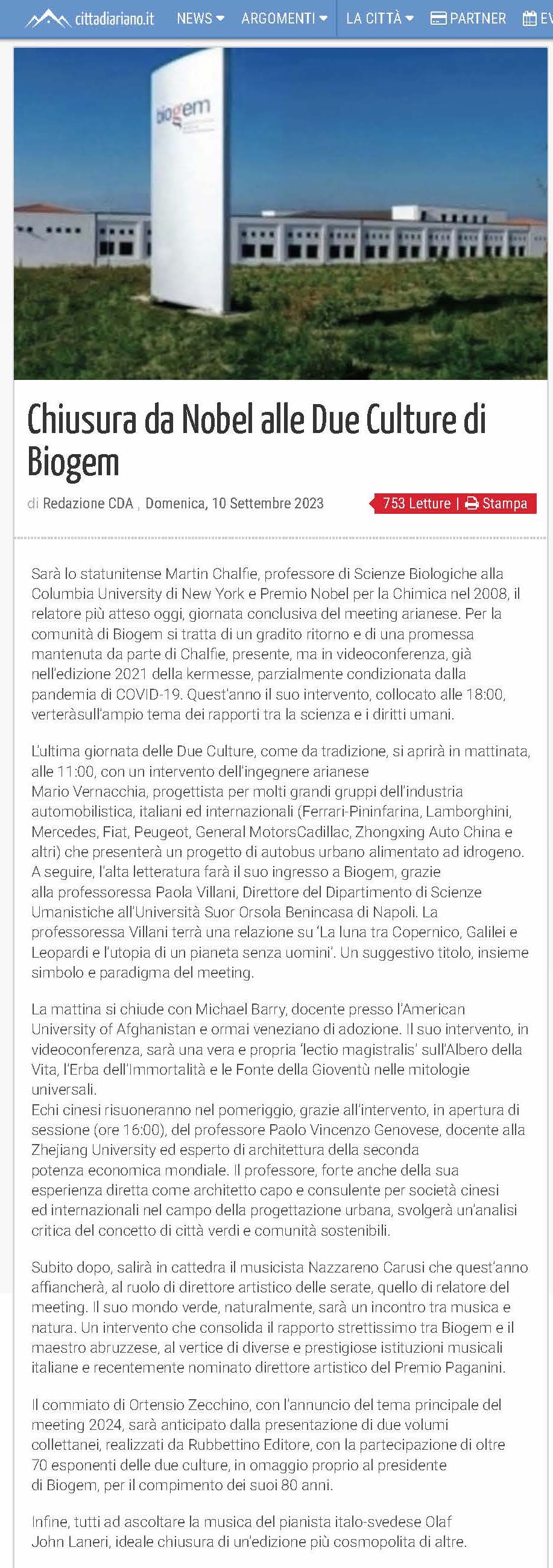 Chiusura da Nobel alle Due Culture di Biogem - Il portale di Ariano Irpino e dintorni